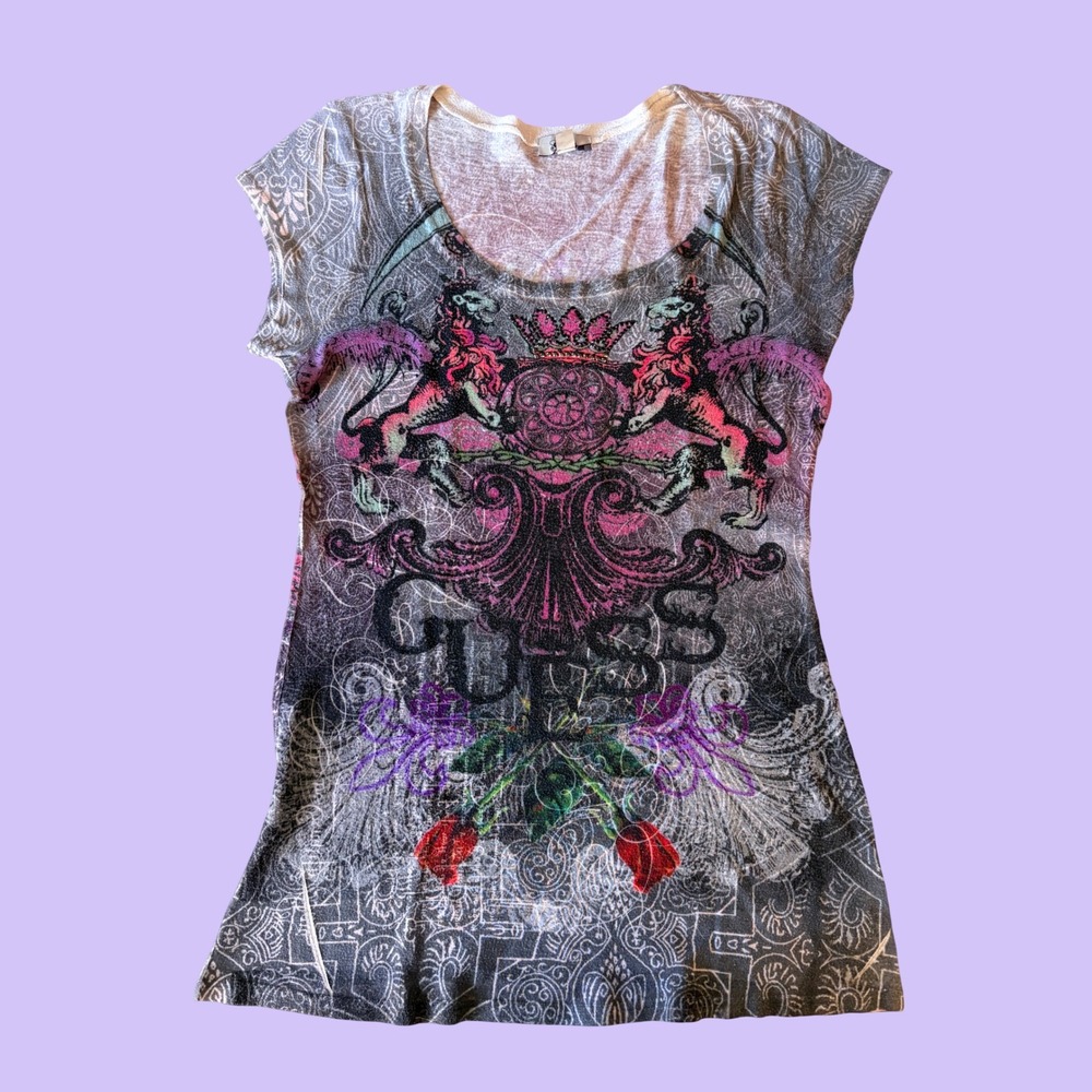Y2K Guess Graphic Tee Burnout Cap Sleeve Scene Grunge #18